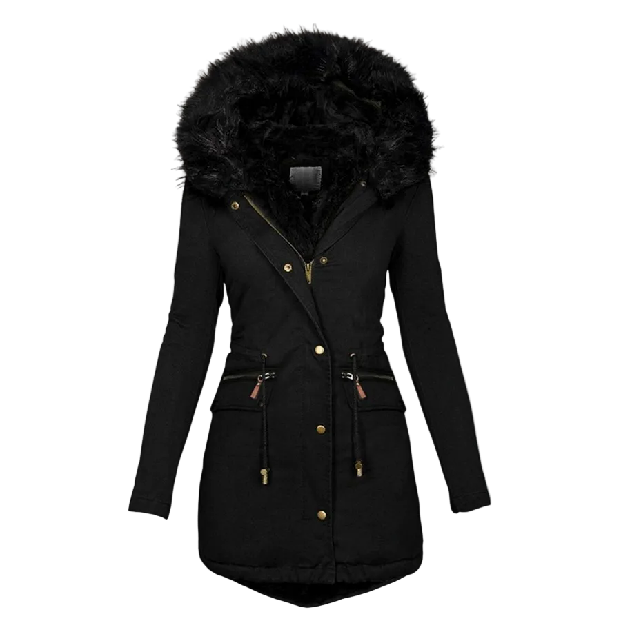 Damesjas met capuchon en bontkraag